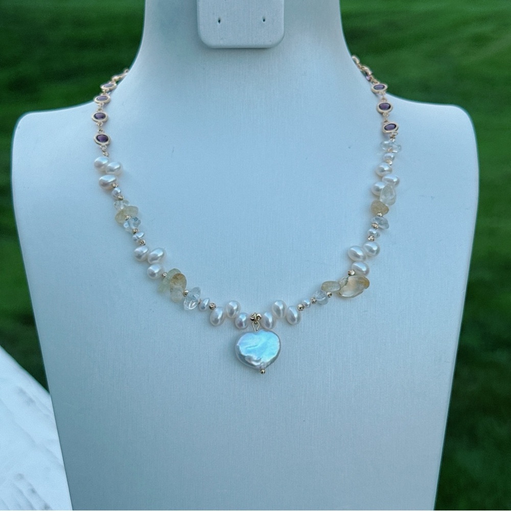 X596 Handmade Freshwater Baroque Pearl Citrine Necklace with Heart Pendant - Picture 4 of 9